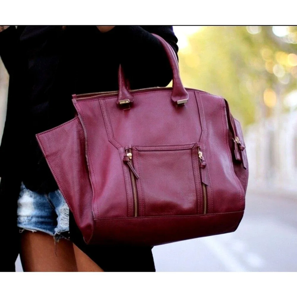 Zara Women's Large Genuine Leather Tote Bag Burgundy Gold Hardware Satchel